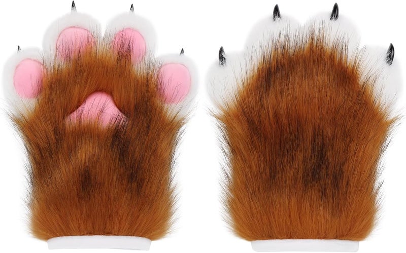 HAOAN Furry Faux Fur Fox Cat Paws Gloves Animal Fursuit Mittens Halloween Christmas Cosplay Costume Props - Image 1
